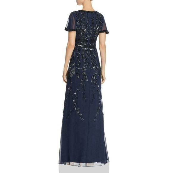Aidan Mattox Womens Floral Beaded Long Gown Navy Blue Various Sizes New $495 - Picture 3 of 4